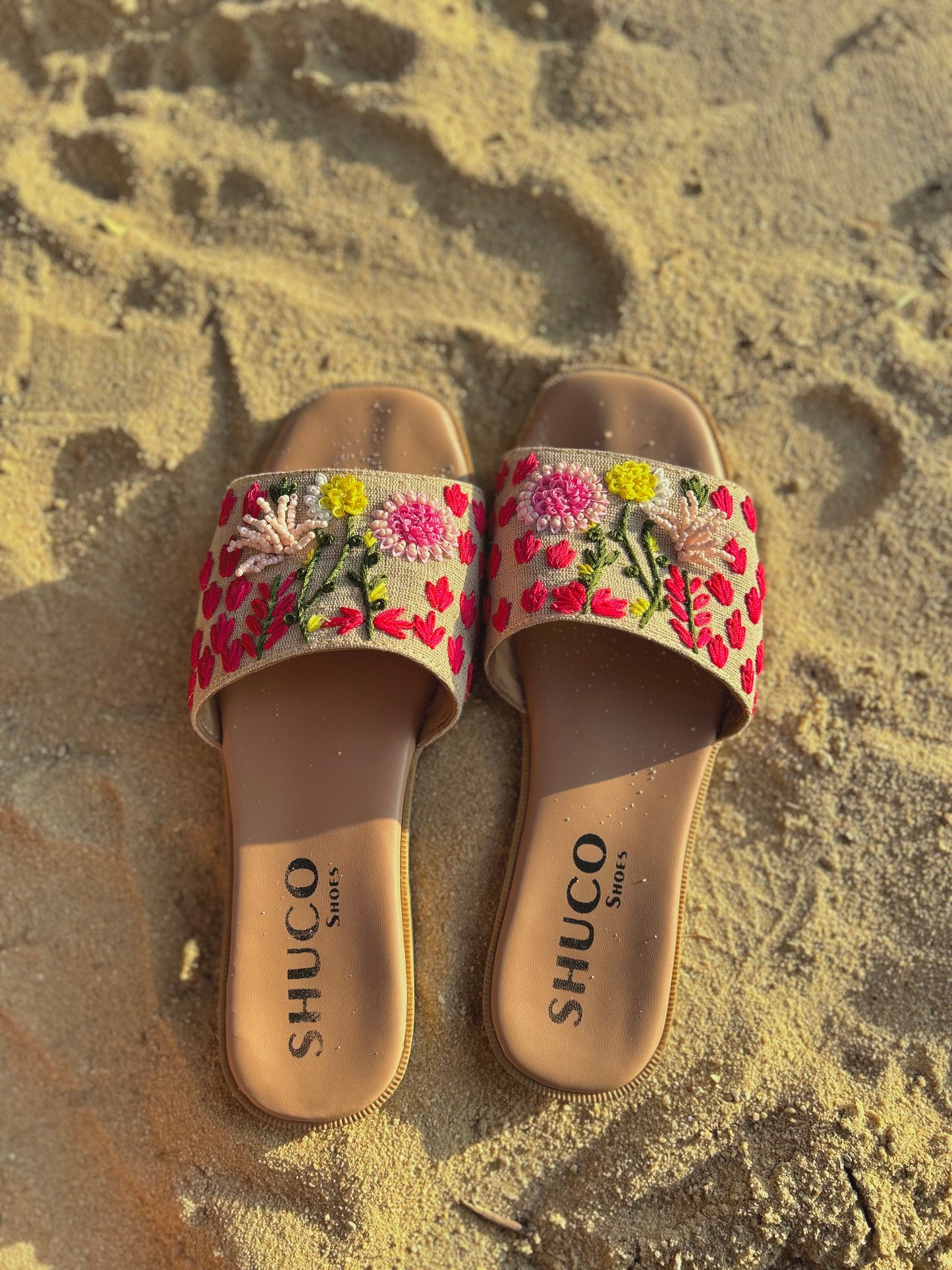 ZELDA PINK NATURAL EMBROIDERED FLAT SANDAL
