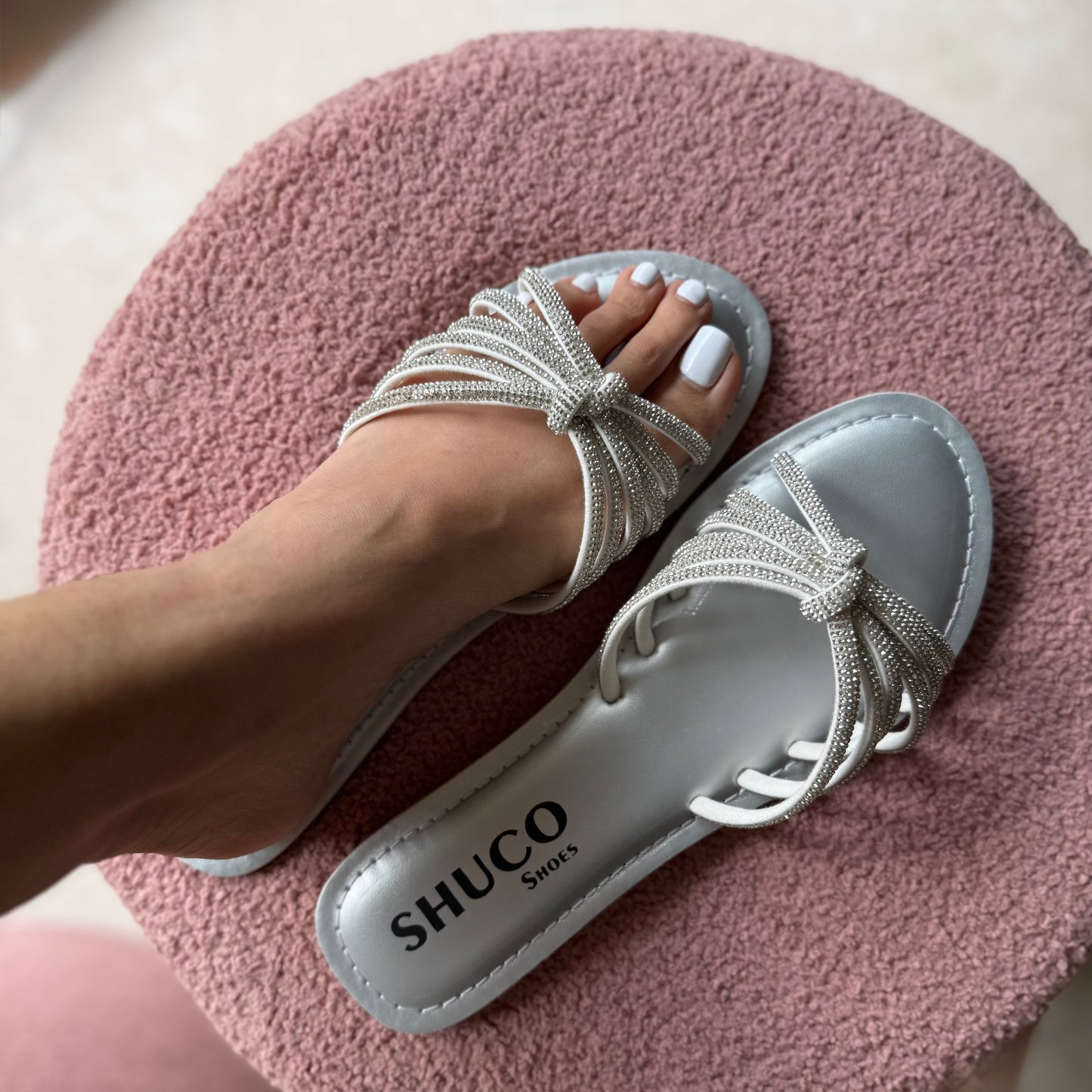 ARCHIE SILVER/WHITE EMBELLISHED FLAT SANDAL