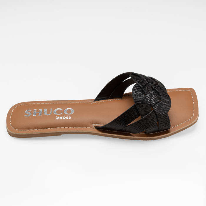 LEA BLACK EMBOSSED FLAT SANDAL