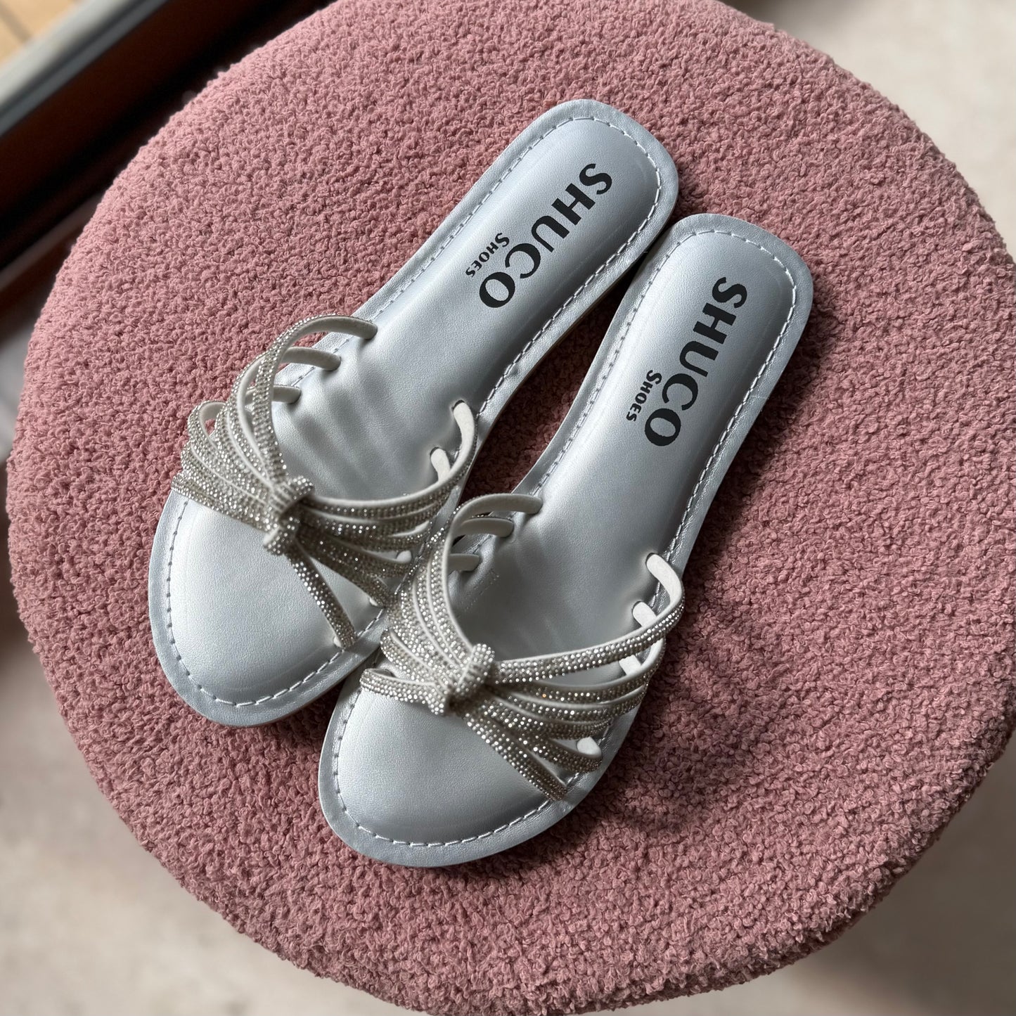 ARCHIE SILVER/WHITE EMBELLISHED FLAT SANDAL