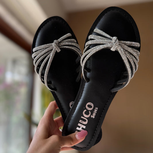 ARCHIE BLACK EMBELLISHED FLAT SANDAL