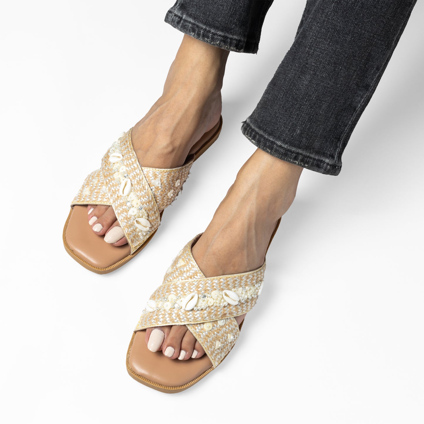 MARY BEIGE EMBROIDERED FLAT SANDAL