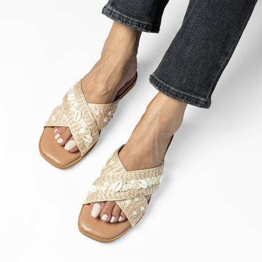 MARY BEIGE EMBROIDERED FLAT SANDAL