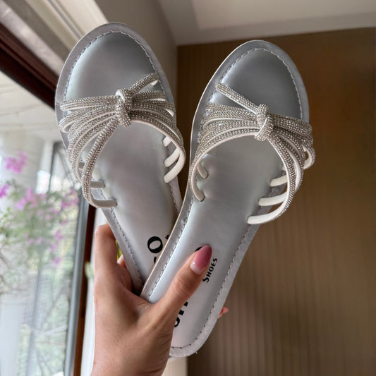 ARCHIE SILVER/WHITE EMBELLISHED FLAT SANDAL
