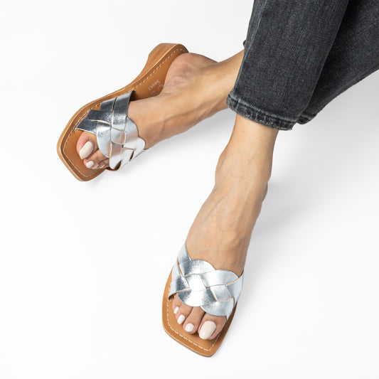 LESLIE WEDGE HEEL SILVER FOILED SANDAL