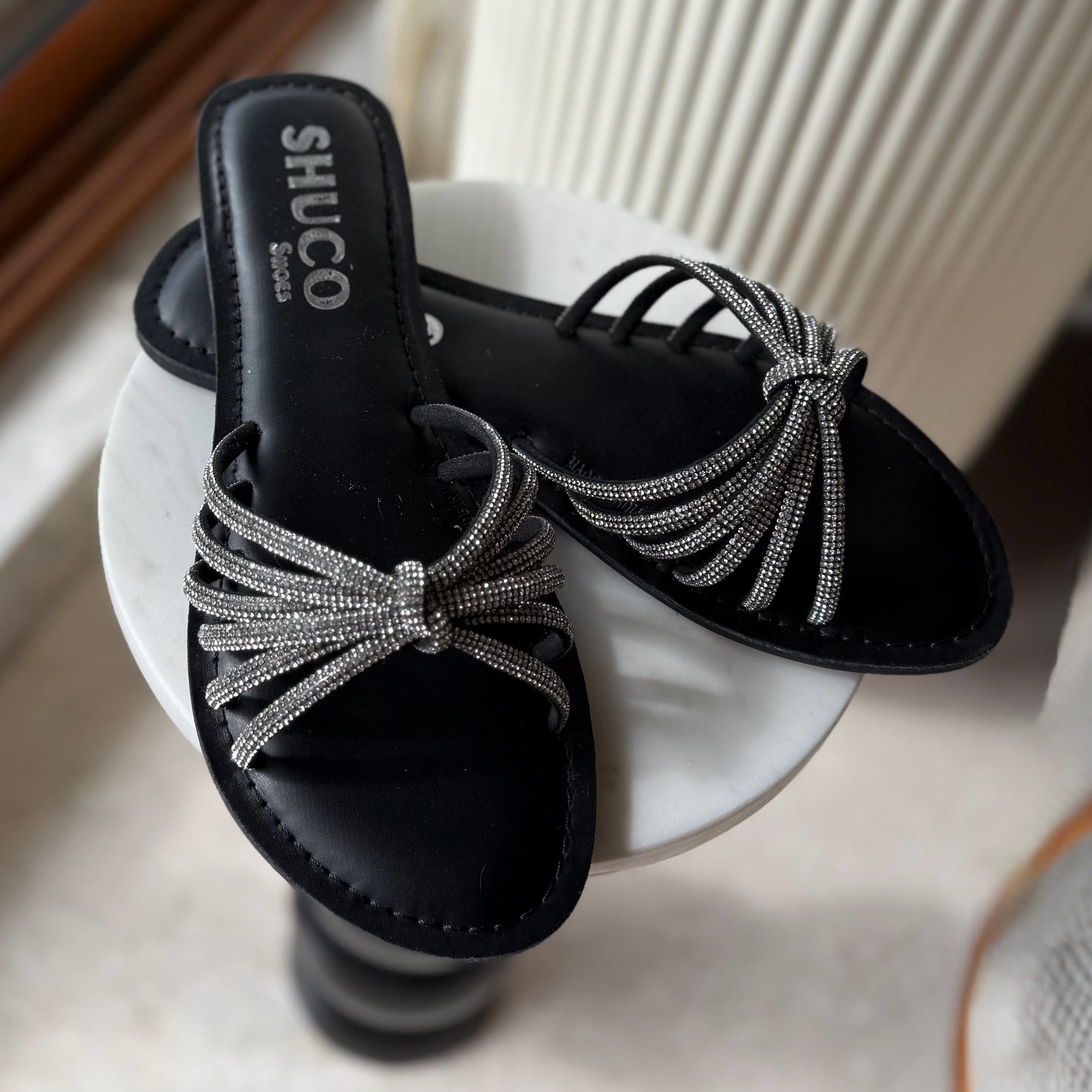 ARCHIE BLACK EMBELLISHED FLAT SANDAL