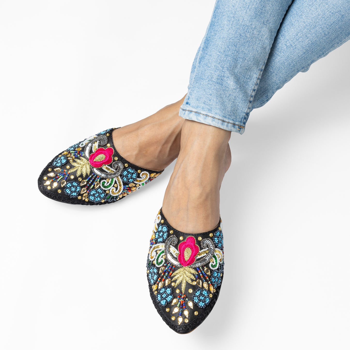 RUTH BLACK EMBROIDERED FLAT MULE