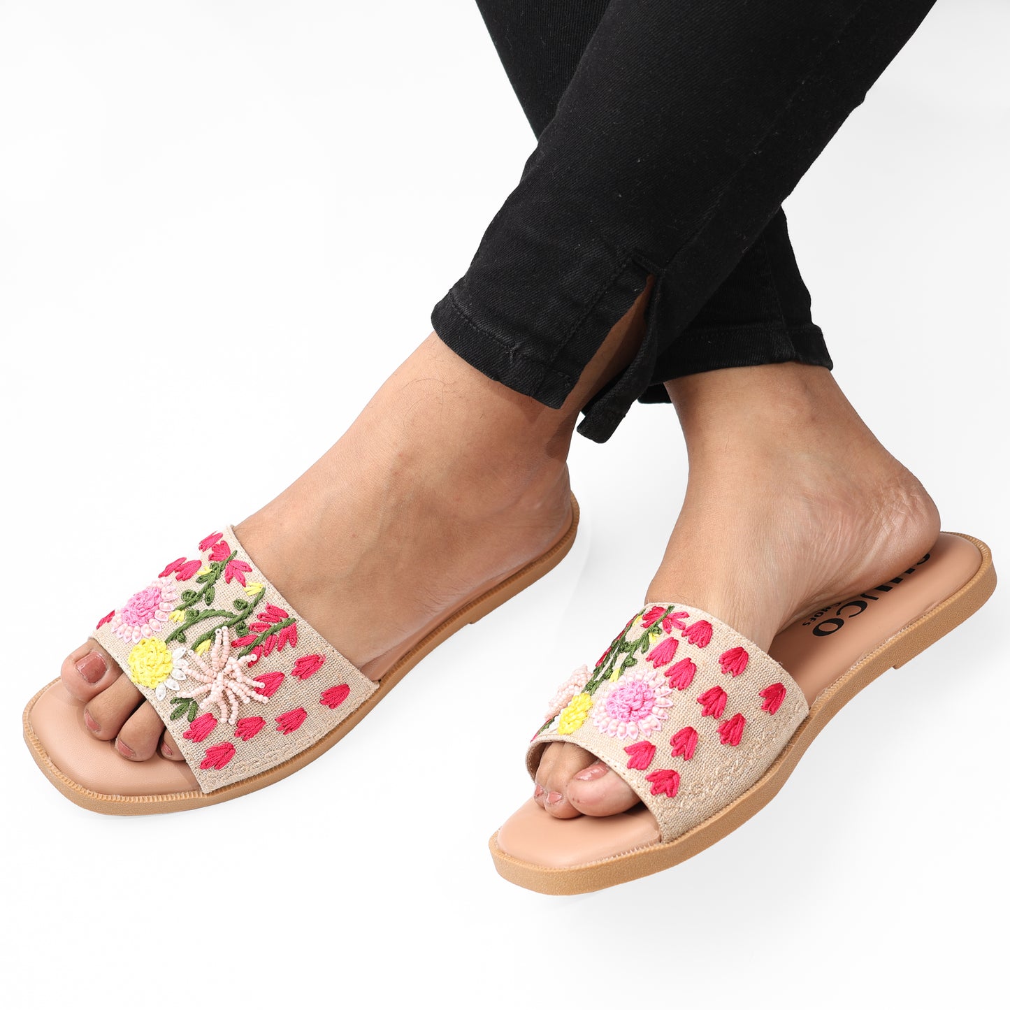 ZELDA PINK NATURAL EMBROIDERED FLAT SANDAL