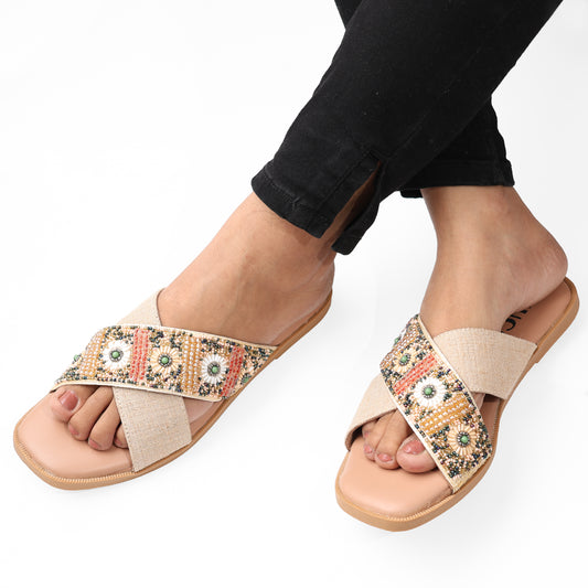 FRIDA BEIGE EMBROIDERED FLAT SANDAL