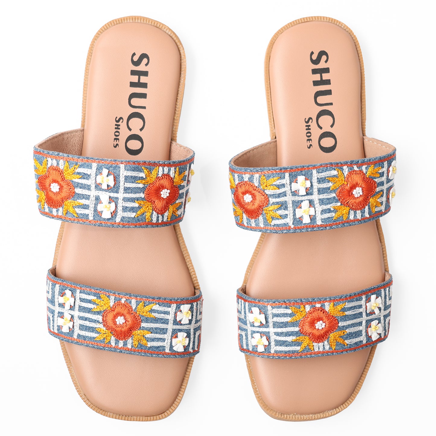 PEARL DENIM MULTI EMBROIDERED FLAT SANDAL