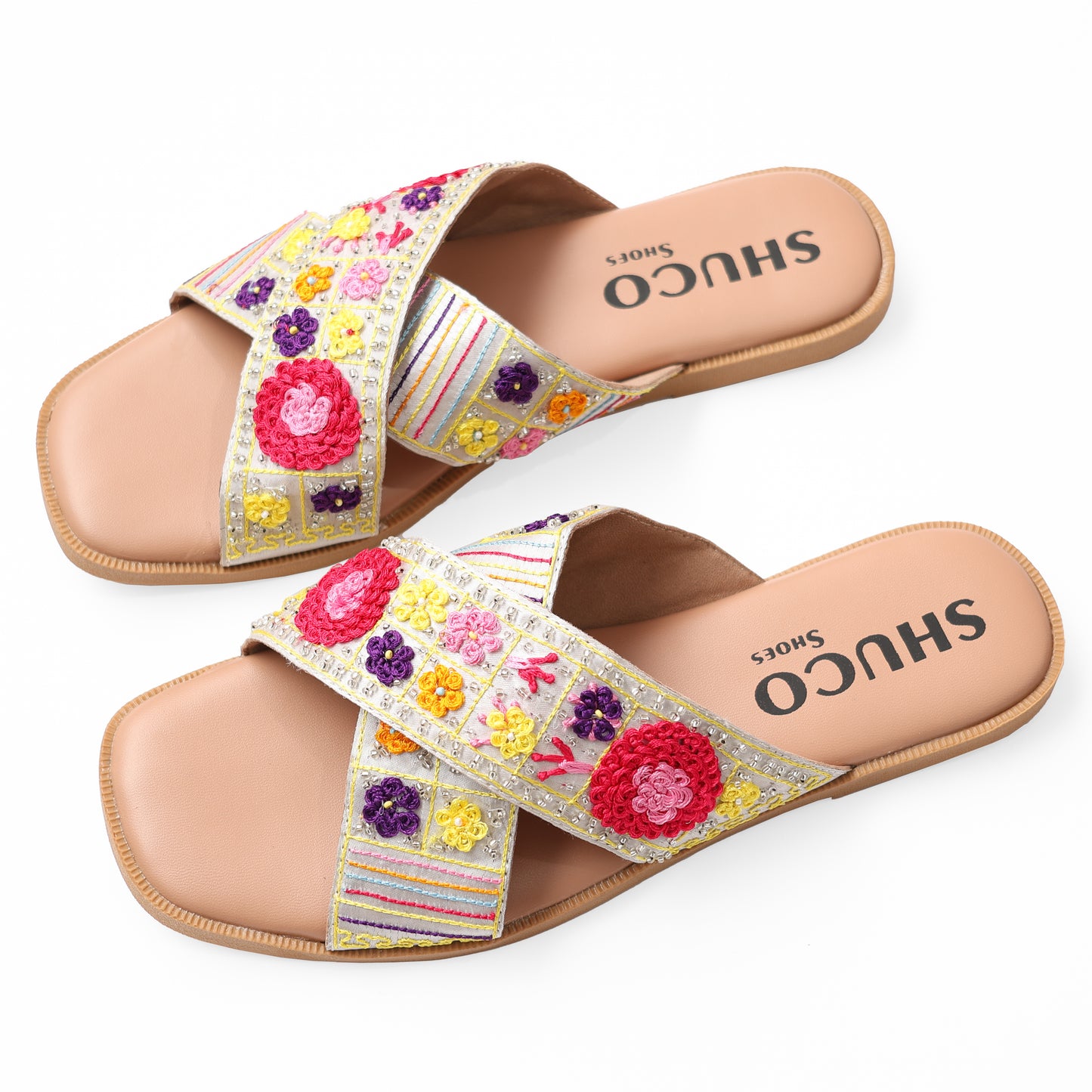 FIONA SILVER EMBROIDERED FLAT SANDAL