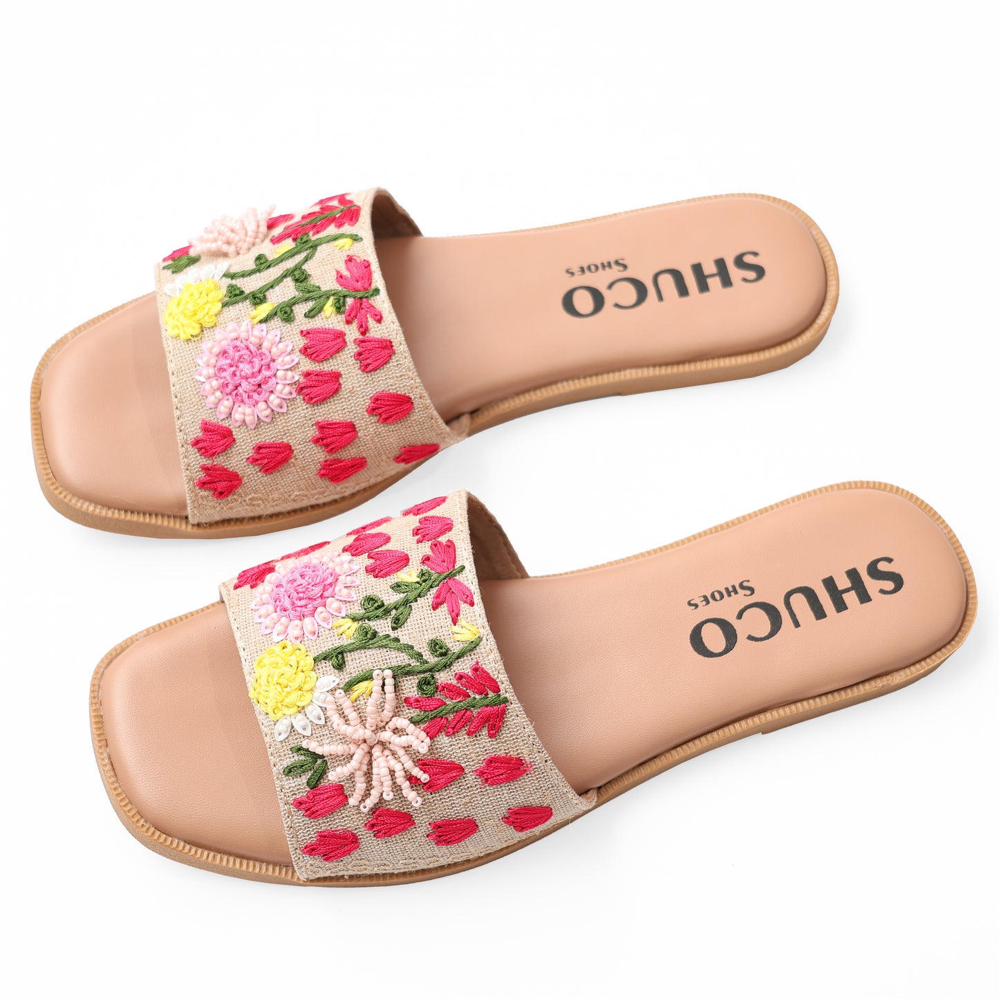 ZELDA PINK NATURAL EMBROIDERED FLAT SANDAL