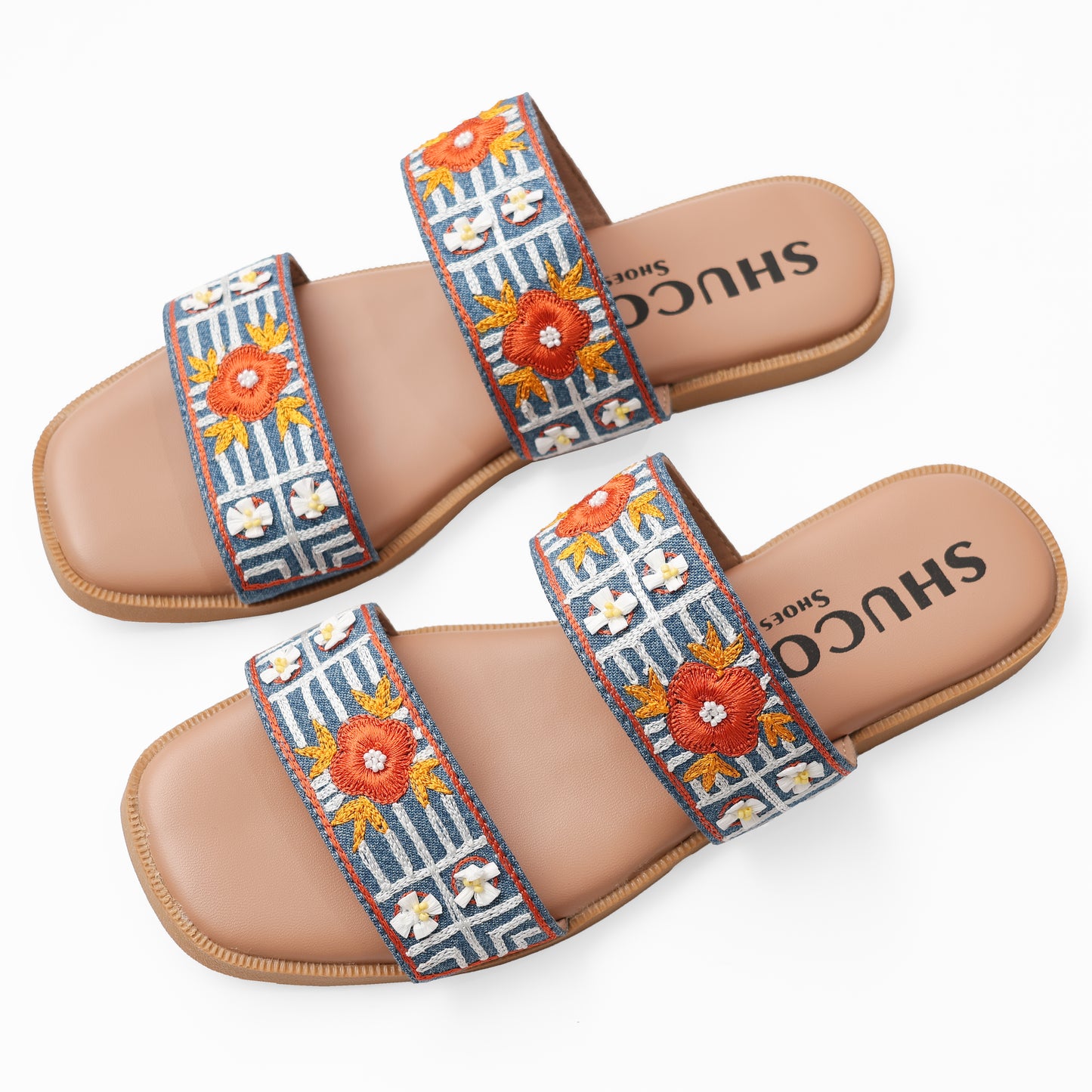 PEARL DENIM MULTI EMBROIDERED FLAT SANDAL