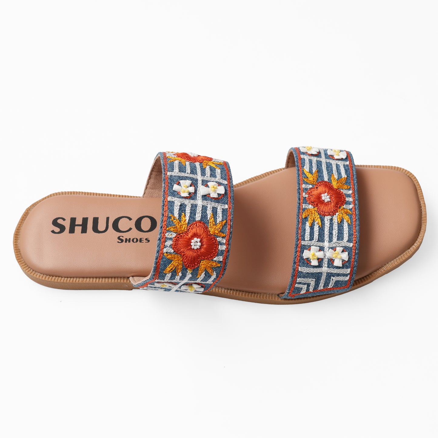 PEARL DENIM MULTI EMBROIDERED FLAT SANDAL