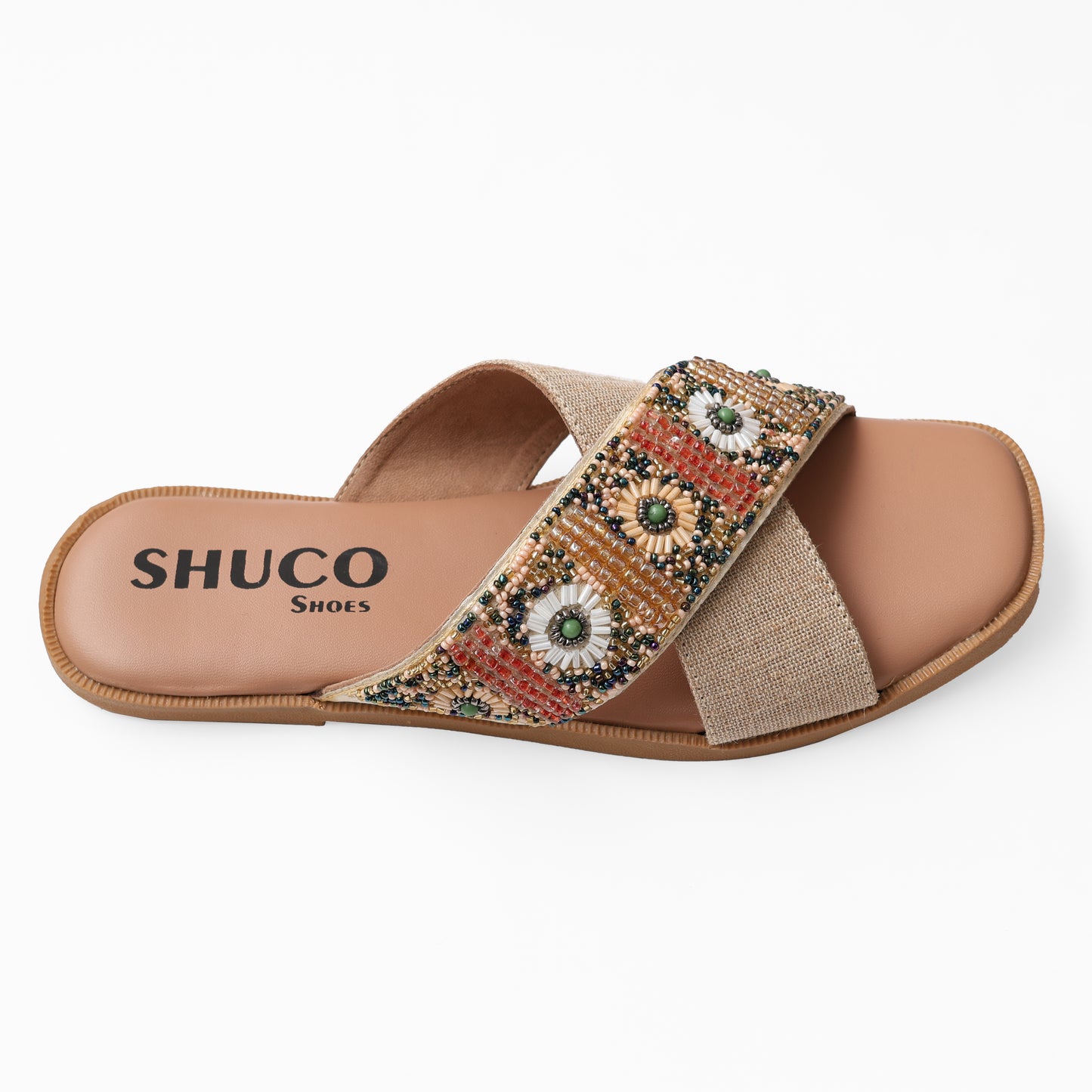 FRIDA BEIGE EMBROIDERED FLAT SANDAL