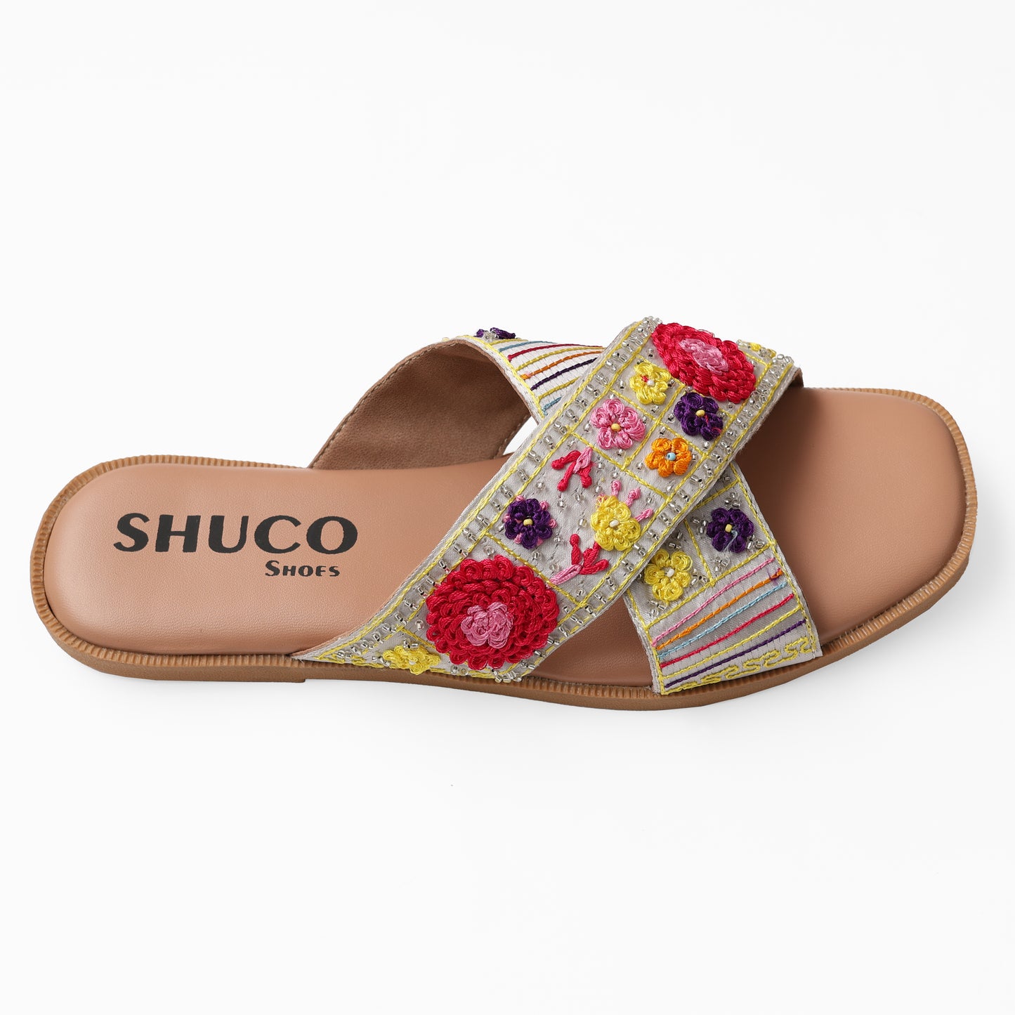 FIONA SILVER EMBROIDERED FLAT SANDAL