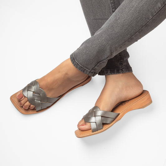 LESLIE PEWTER/NATURAL WEDGE HEEL SANDAL