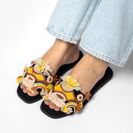 NYRA BLACK DENIM EMBROIDERED FLAT MULE