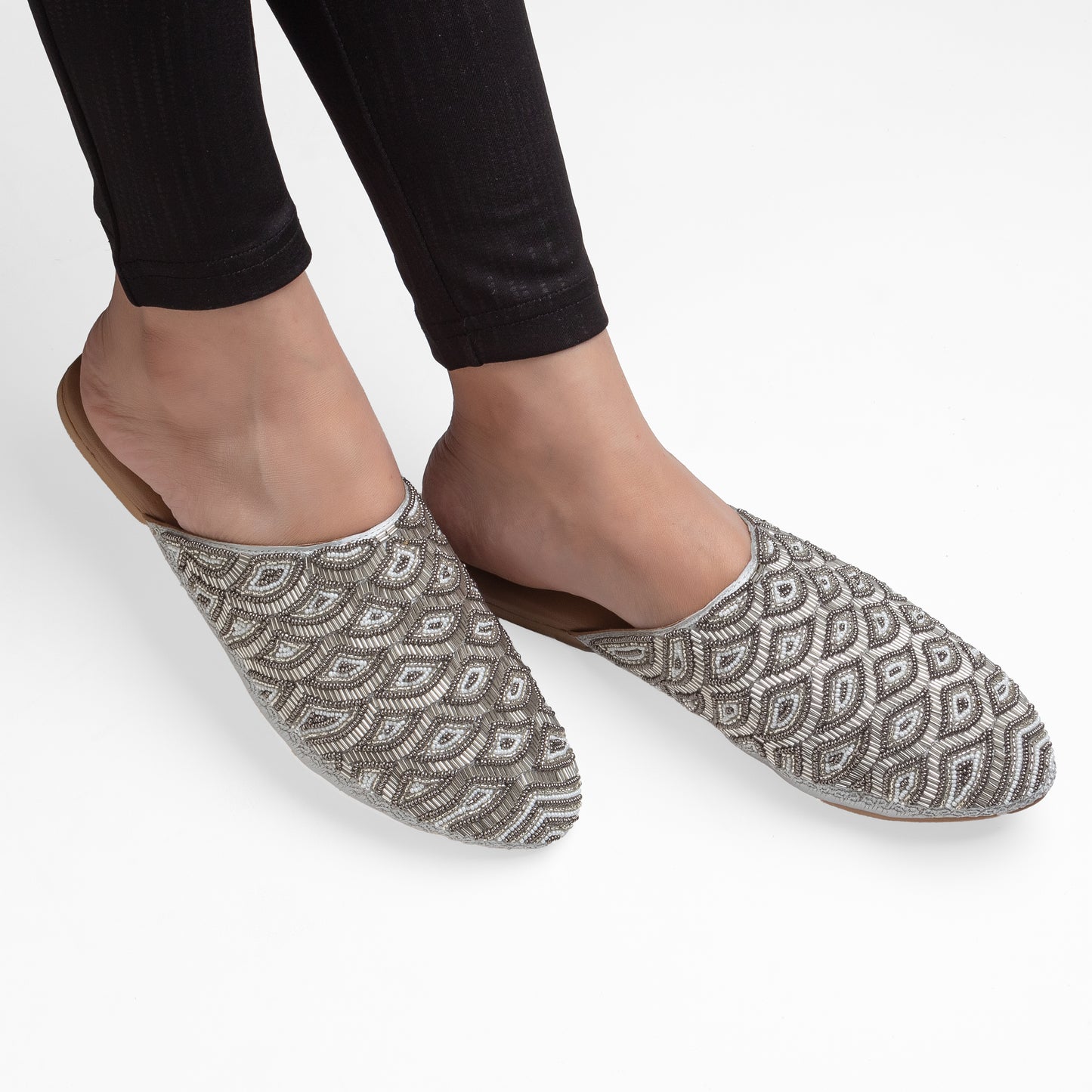 ZOEY SILVER EMBROIDERED FLAT MULE