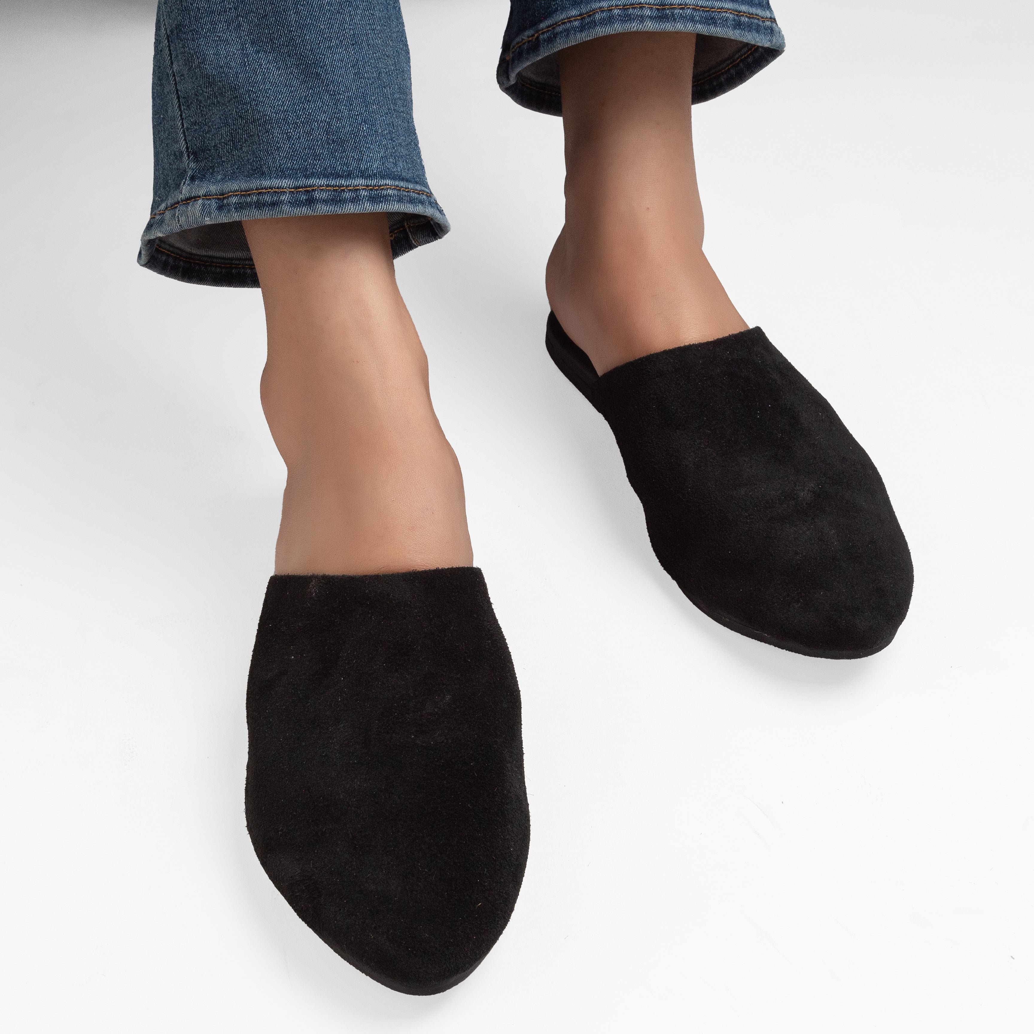 Black suede store flat mules