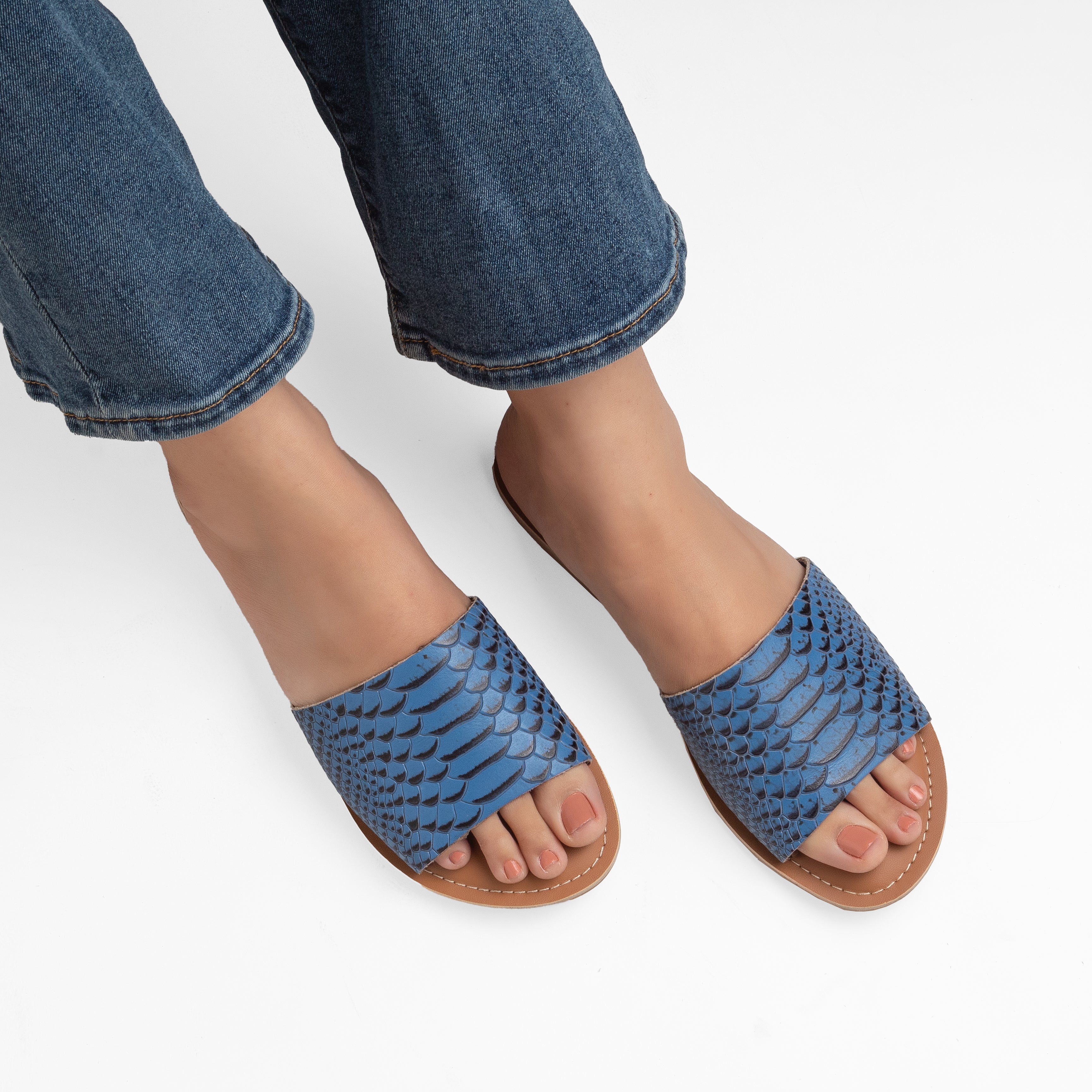 DAISY BLUE PYTHON FLAT SANDAL Shuco Shoes Daisy blue python flat sandal shuco shoes