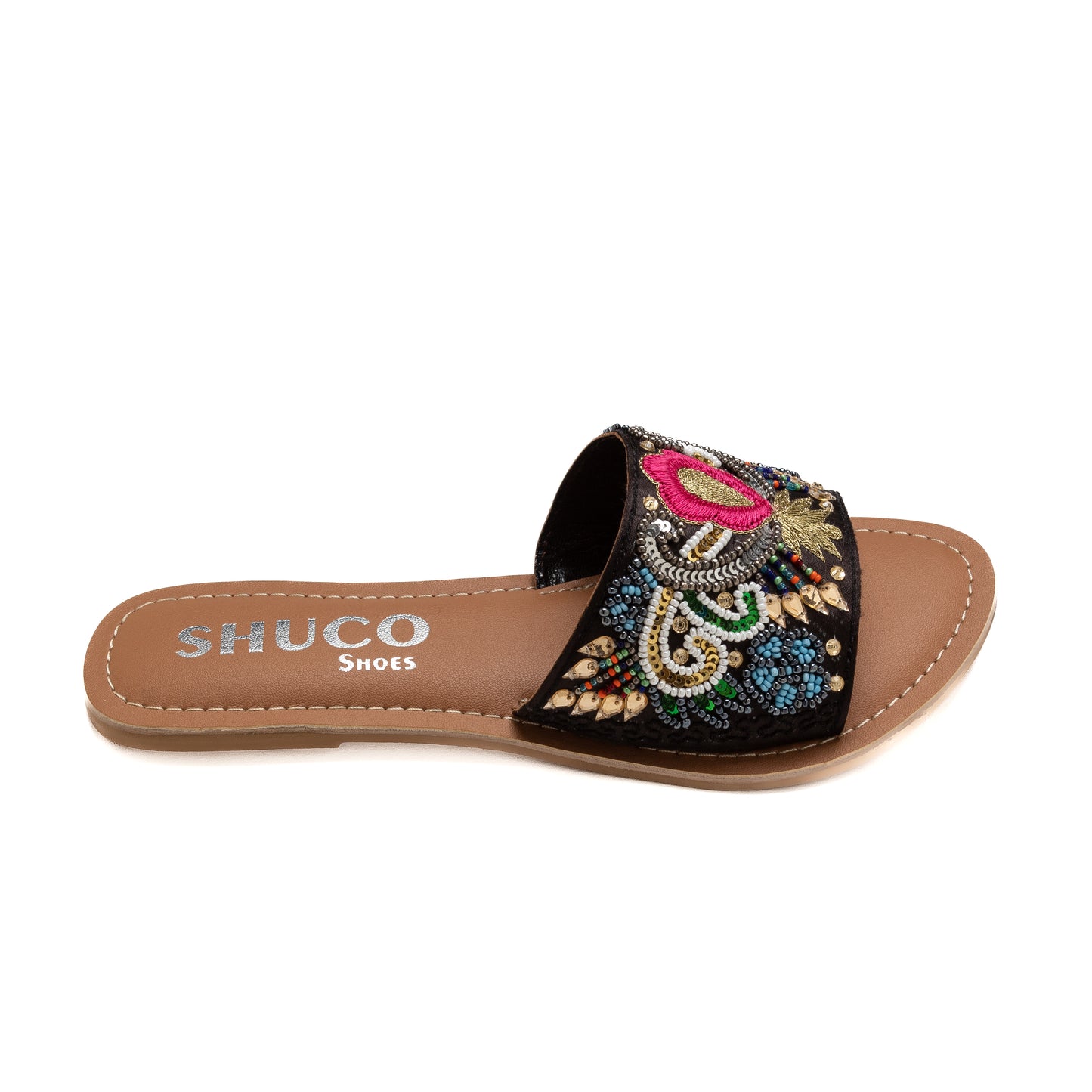 ASTRID BLACK EMBROIDERED FLAT SANDAL