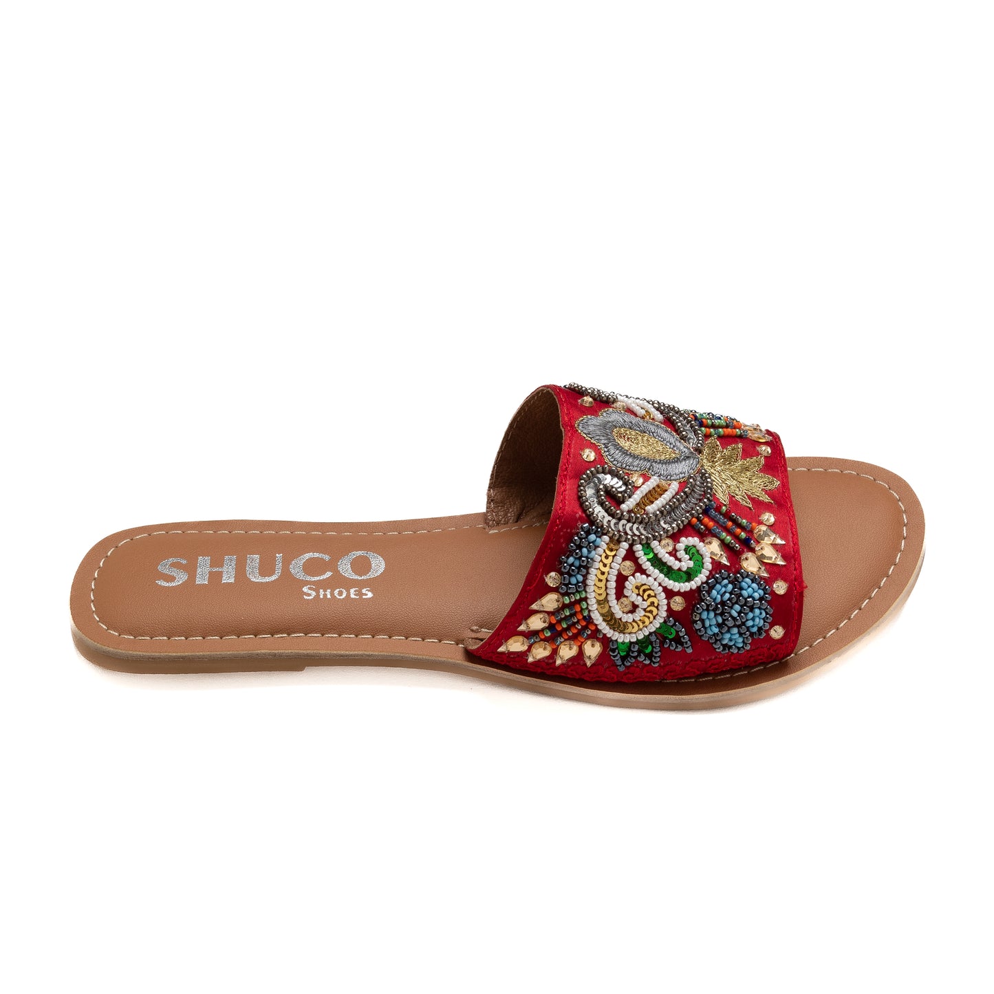 ASTRID RED EMBROIEDERED FLAT SANDAL