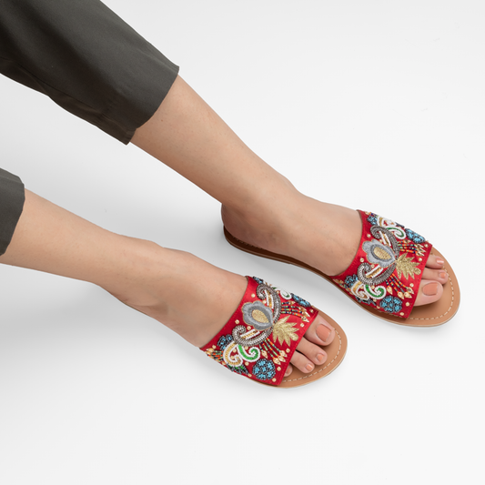 ASTRID RED EMBROIEDERED FLAT SANDAL