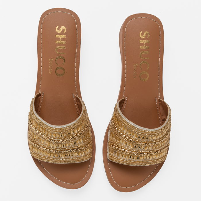 NIA GOLD WEDGE EMBROIDERED HEEL SANDAL