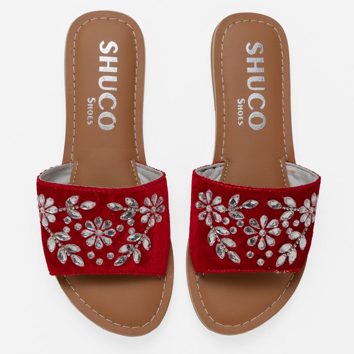 ANYA RED VELVET EMBROIDERED FLAT SANDAL