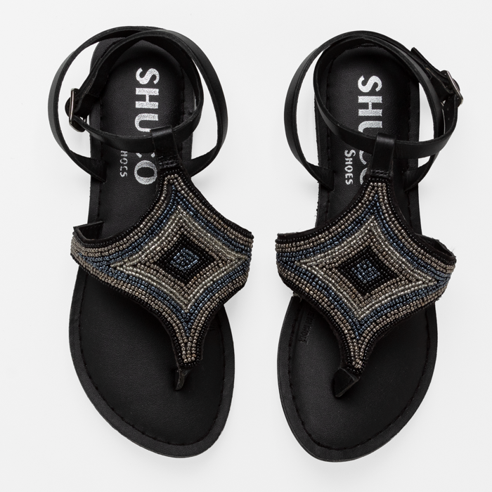 HAZEL BLACK EMBROIDERED FLAT SANDAL