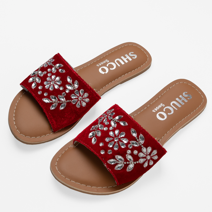 ANYA RED VELVET EMBROIDERED FLAT SANDAL