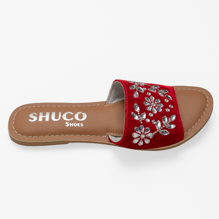 ANYA RED VELVET EMBROIDERED FLAT SANDAL