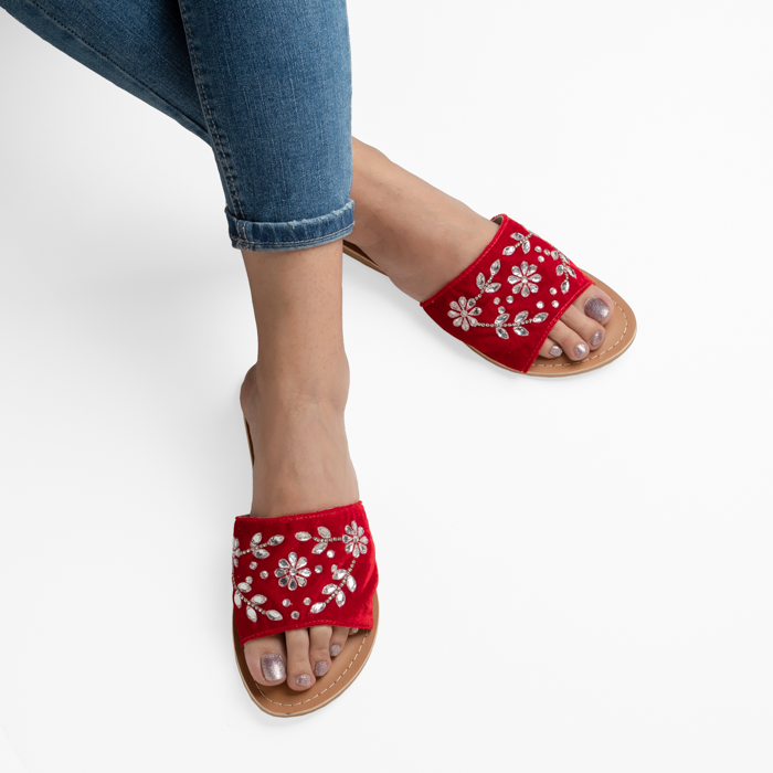 ANYA RED VELVET EMBROIDERED FLAT SANDAL