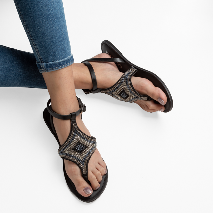 HAZEL BLACK EMBROIDERED FLAT SANDAL