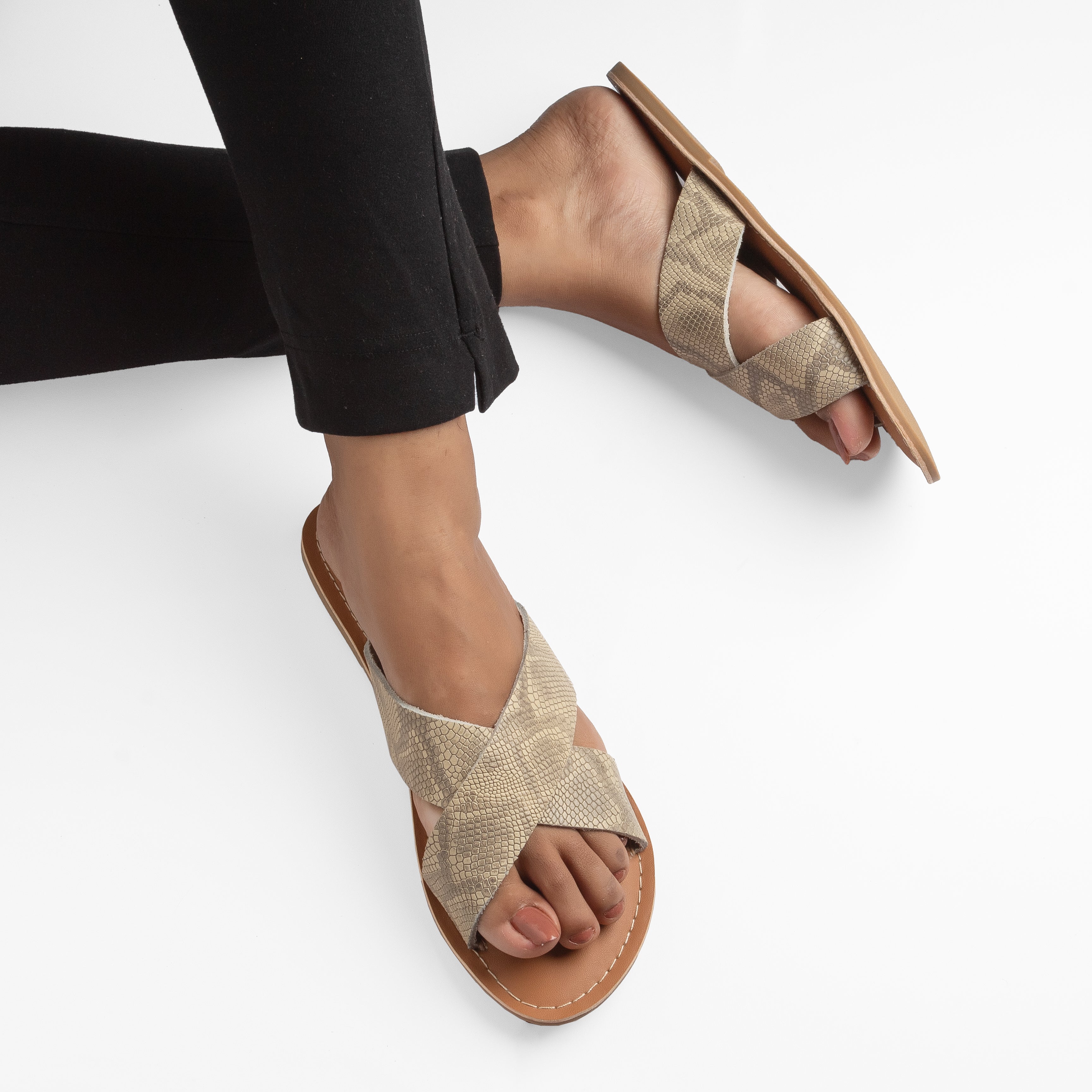 BRIA BEIGE PYTHON FLAT SANDAL Shuco Shoes Bria beige python flat sandal shuco shoes